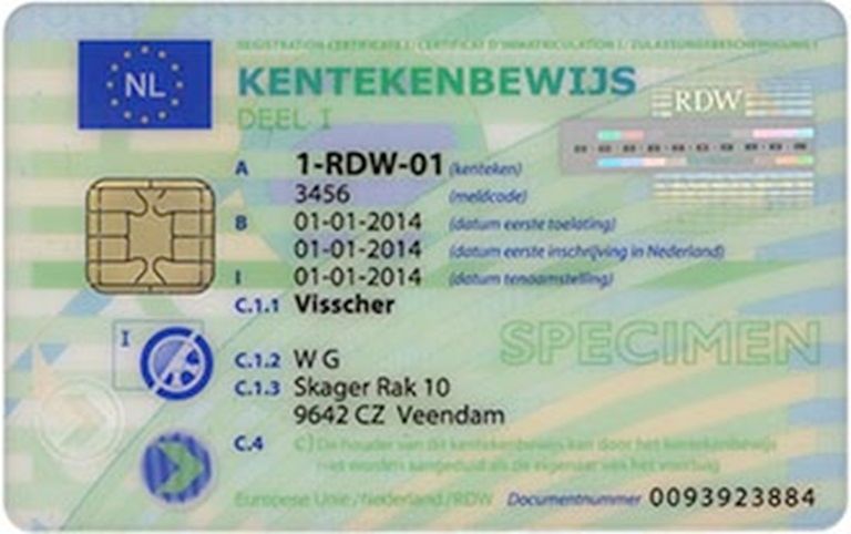 Kentekencard voorbeeld voorkant